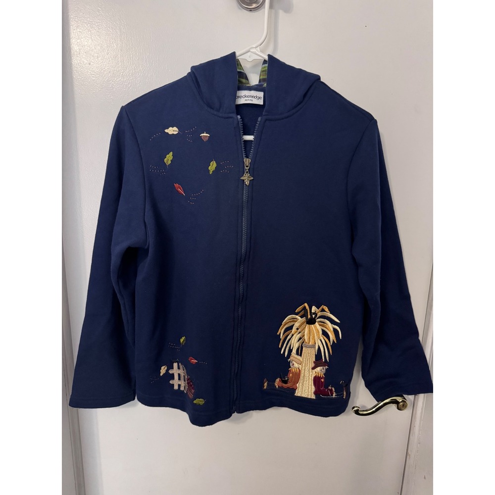 Breckenridge Petite Navy Blue Embroidered Fall Scarecrow Zip Up Hoodie PM